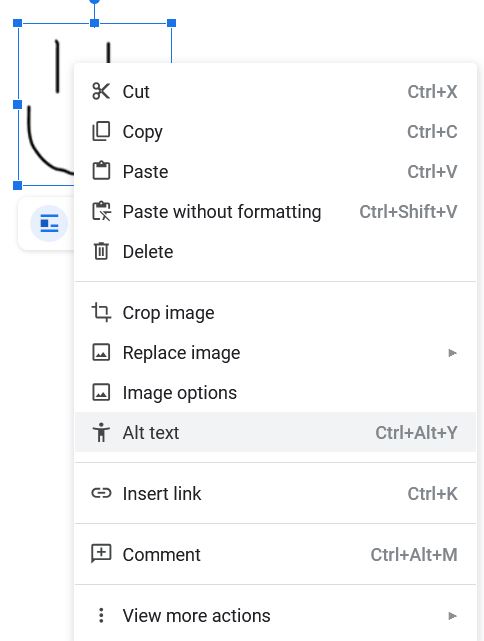 the right click menu on an image showing Alt Text button