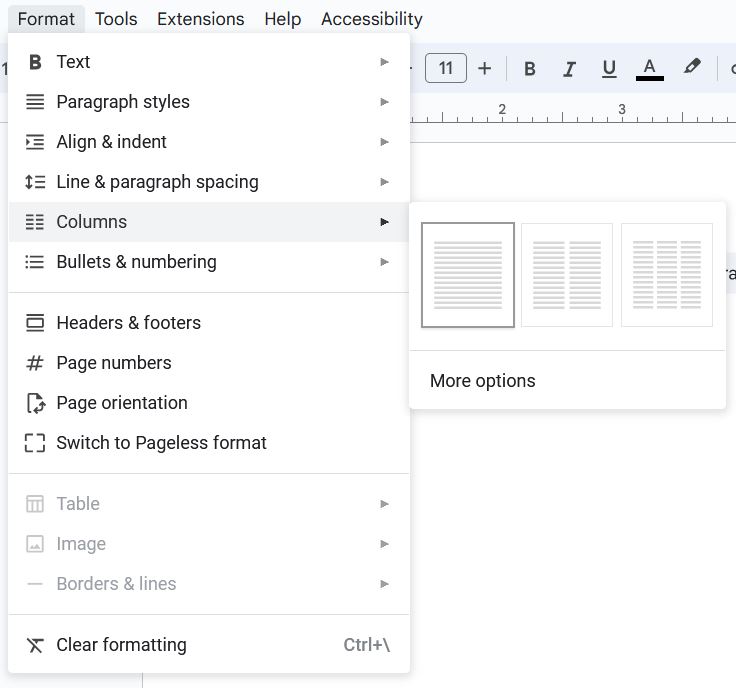 The columns section of a google doc showing 1 to 3 columns