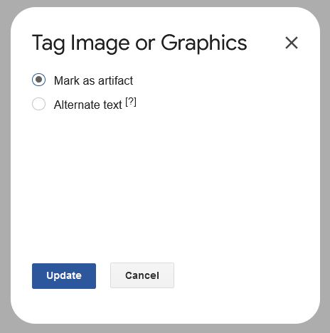 the tagging image menu showing two radio buttons labeled mark as artifact and alternate text