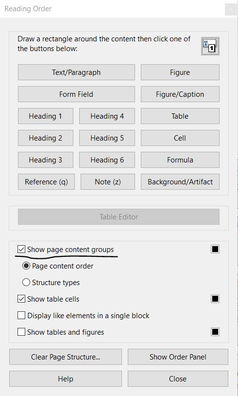 the show page content groups box is checked in the reading order tool